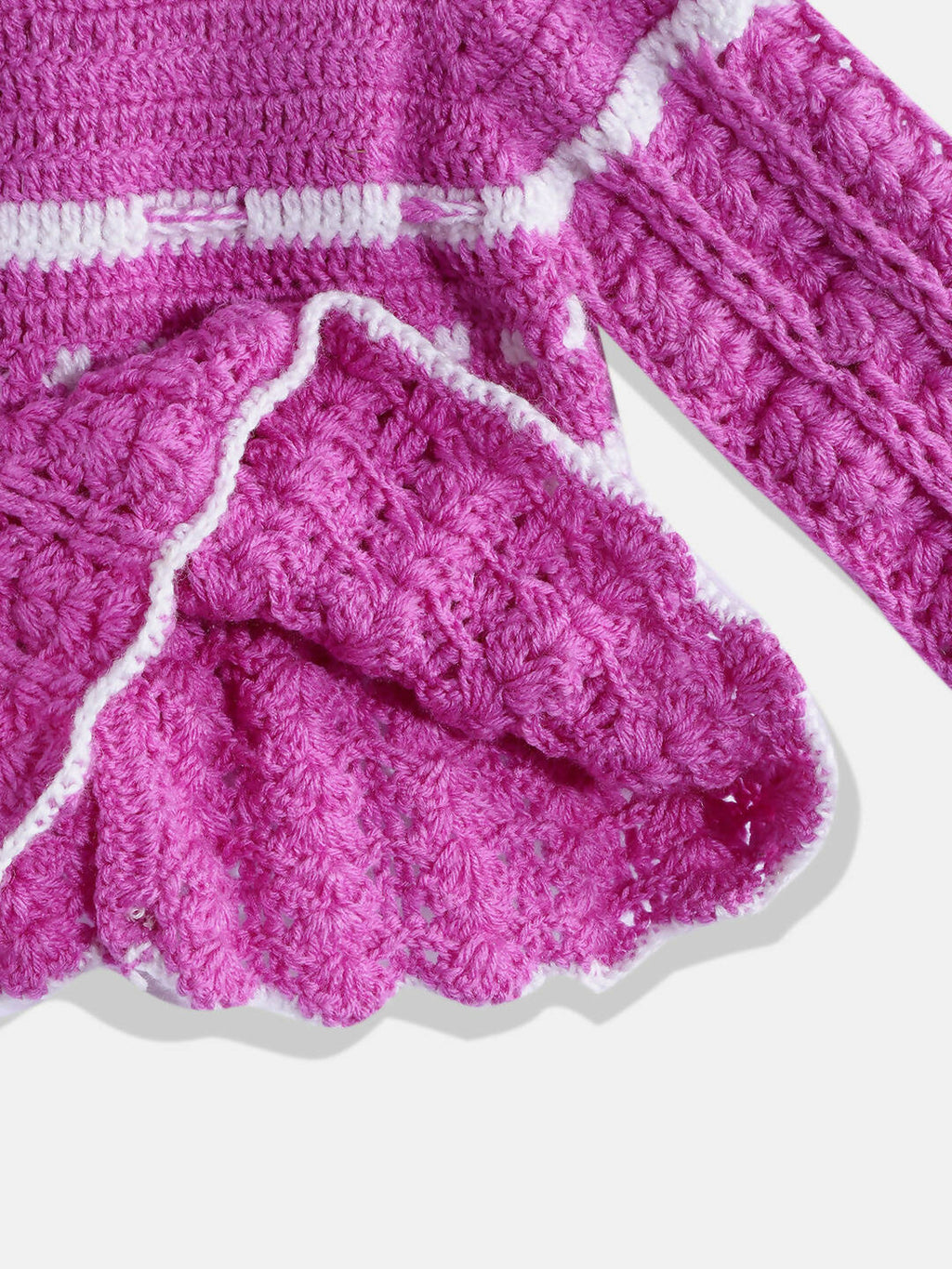 Chutput Kids Woollen Hand Knitted Full Sleeves Self Design Hood Detail Dress For Baby Girls - Purple