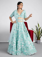 House of Panchhi Turquoise Blue Organza Sequins, Zarkan And Thread Embroidery Lehenga Choli & Dupatta