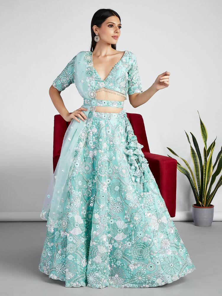 House of Panchhi Turquoise Blue Organza Sequins, Zarkan And Thread Embroidery Lehenga Choli & Dupatta