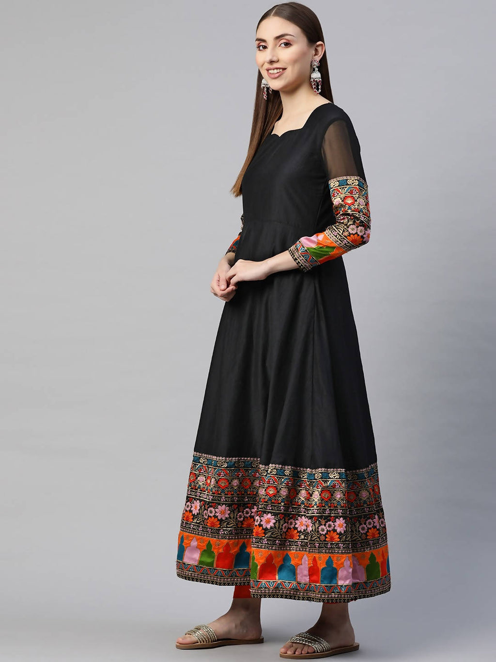 Myshka Multicolor Solid 3/4 Sleeve Sweetheart Neck Anarkali Gown With Dupatta - Distacart
