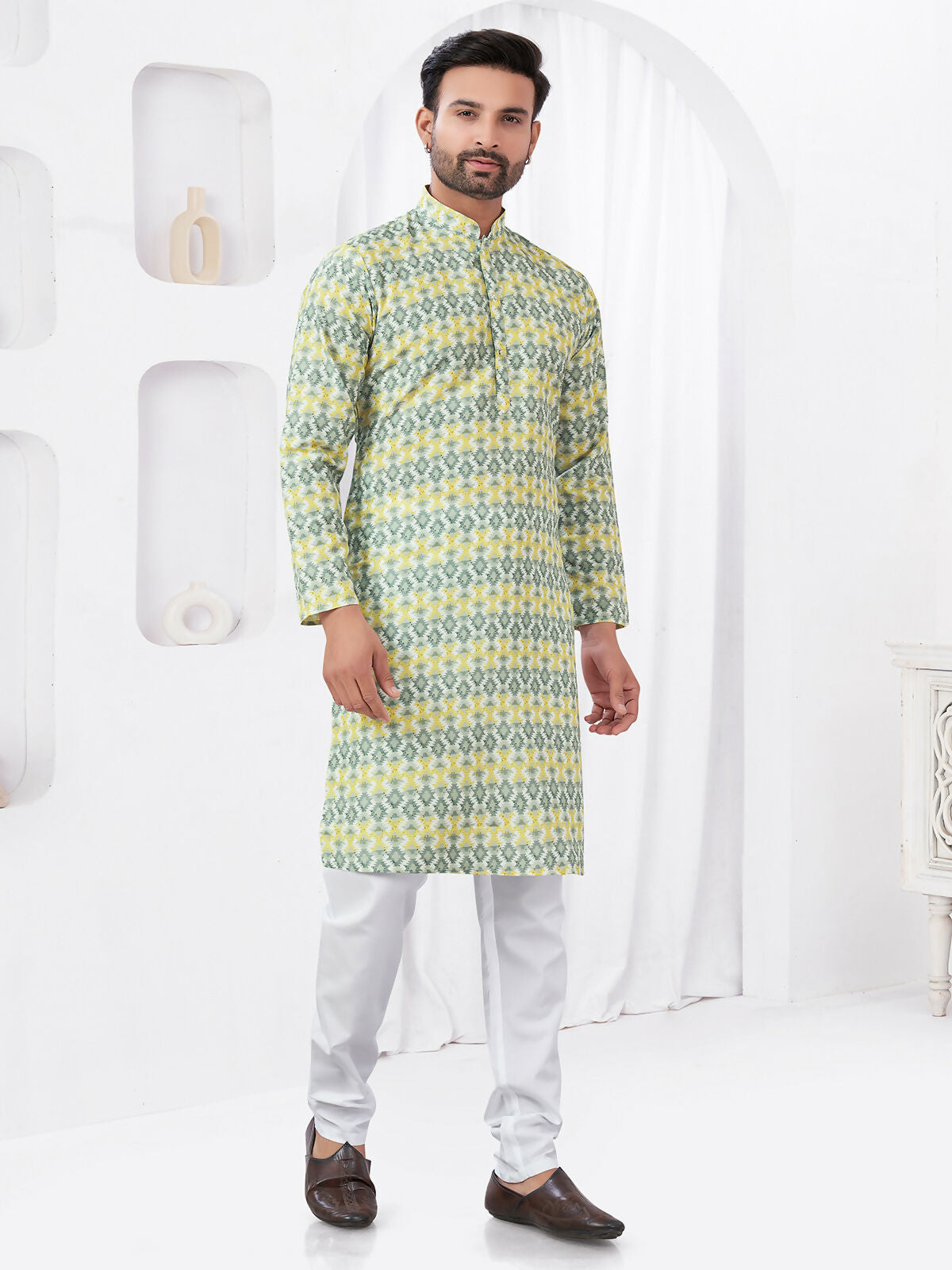 Joban Fashion Men's Rayon Cotton YELLOW Printed Kurta Pyjama set