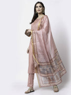 Myshka Women Peach Silk Blend Embroidered 3/4 Sleeve Round Neck Kurta Pant Dupatta Set