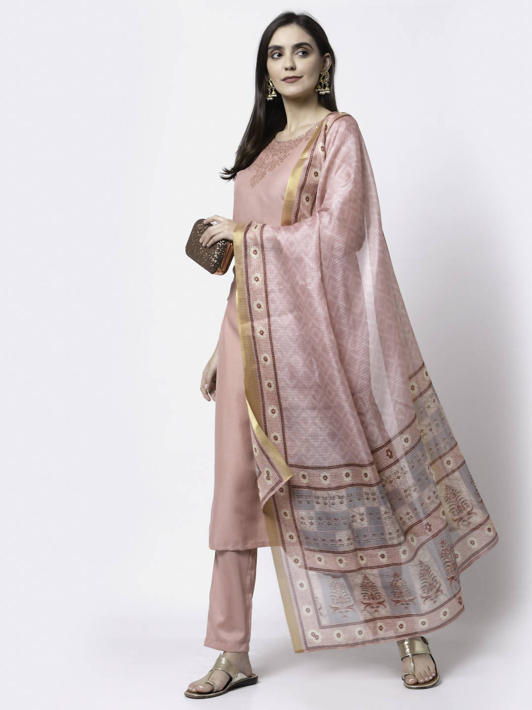 Myshka Women Peach Silk Blend Embroidered 3/4 Sleeve Round Neck Kurta Pant Dupatta Set