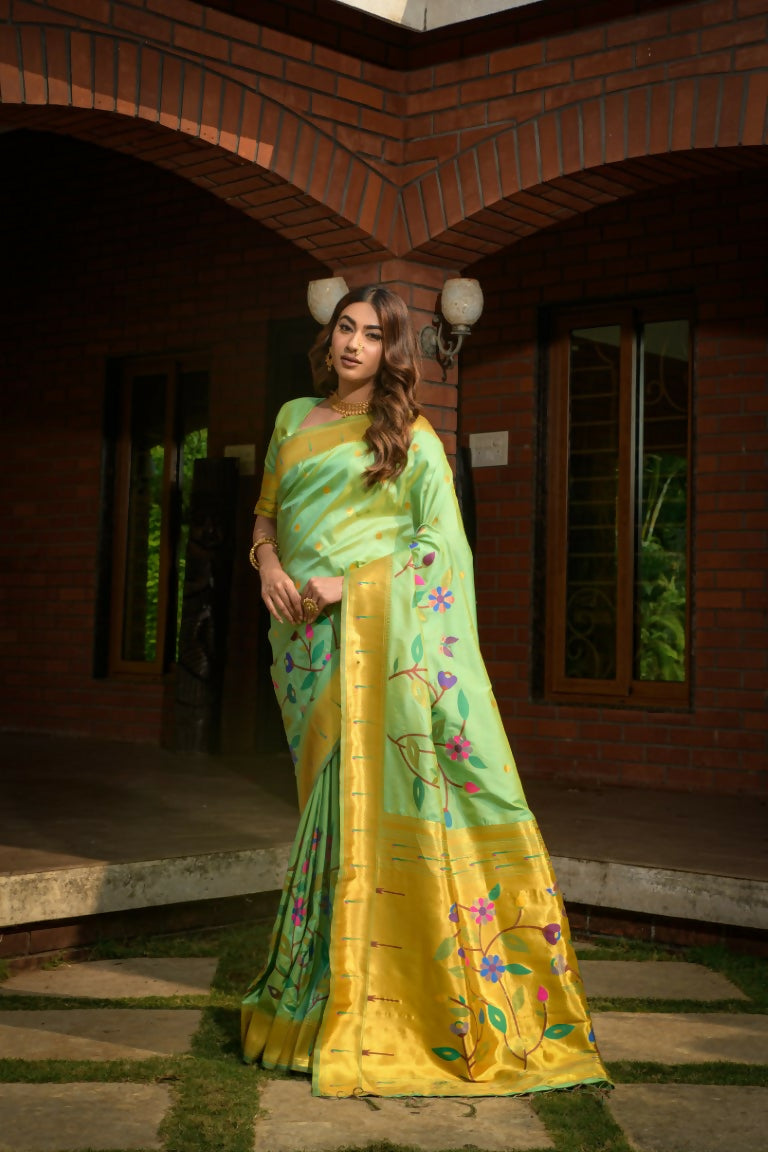 Jyoti Fashion Women's Sea Green Paithani Silk Zari Woven Saree with Blouse