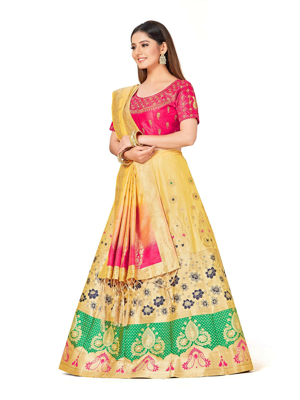 Mimosa Women's Semi-Stitched Art Silk Yellow Lehenga Choli with Dupatta - Distacart
