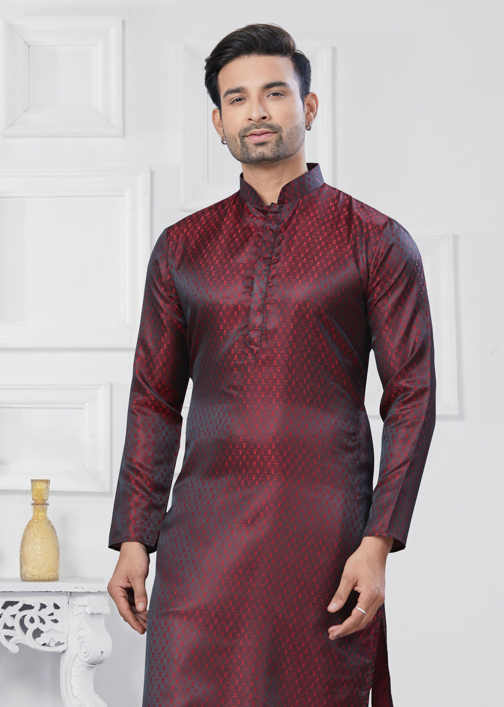 Joban Fashion Men's Jacquard Silk Marron Printed Kurta Pyjama set