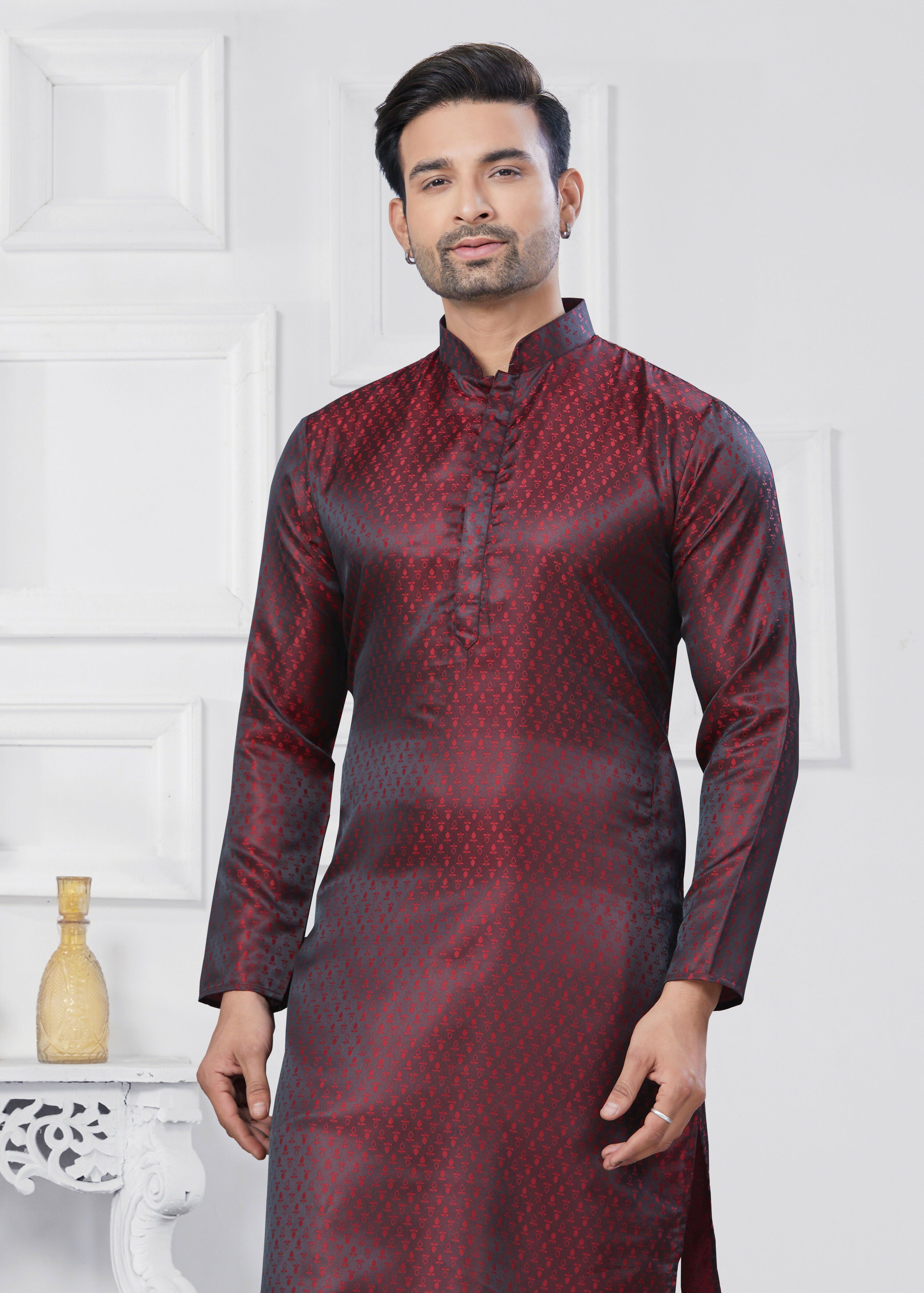 Joban Fashion Men's Jacquard Silk Marron Printed Kurta Pyjama set