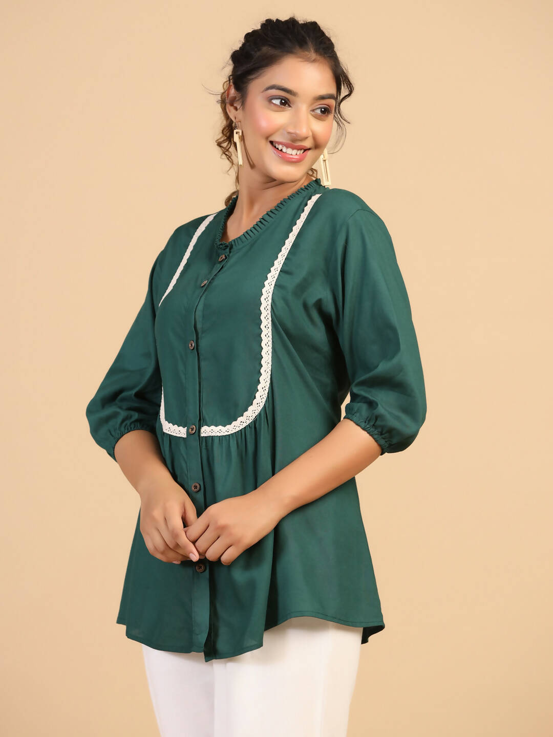 Womens Green Rayon Solid Top - Keeva