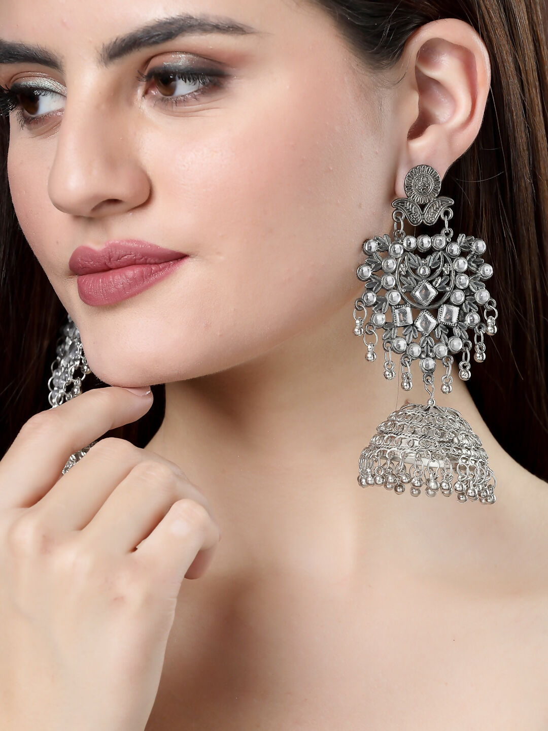 NVR Women's Silver-Plated Oxidised Artificial Stones Dome Shaped Jhumka Earrings - Distacart