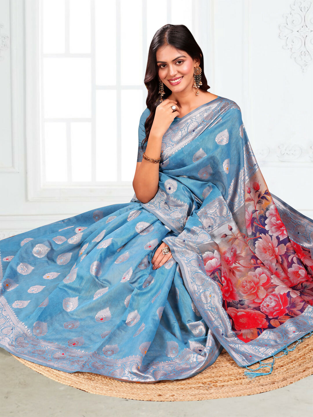 Shree Shyam Fashion Linen Cotton Sky Blue Saree - Distacart