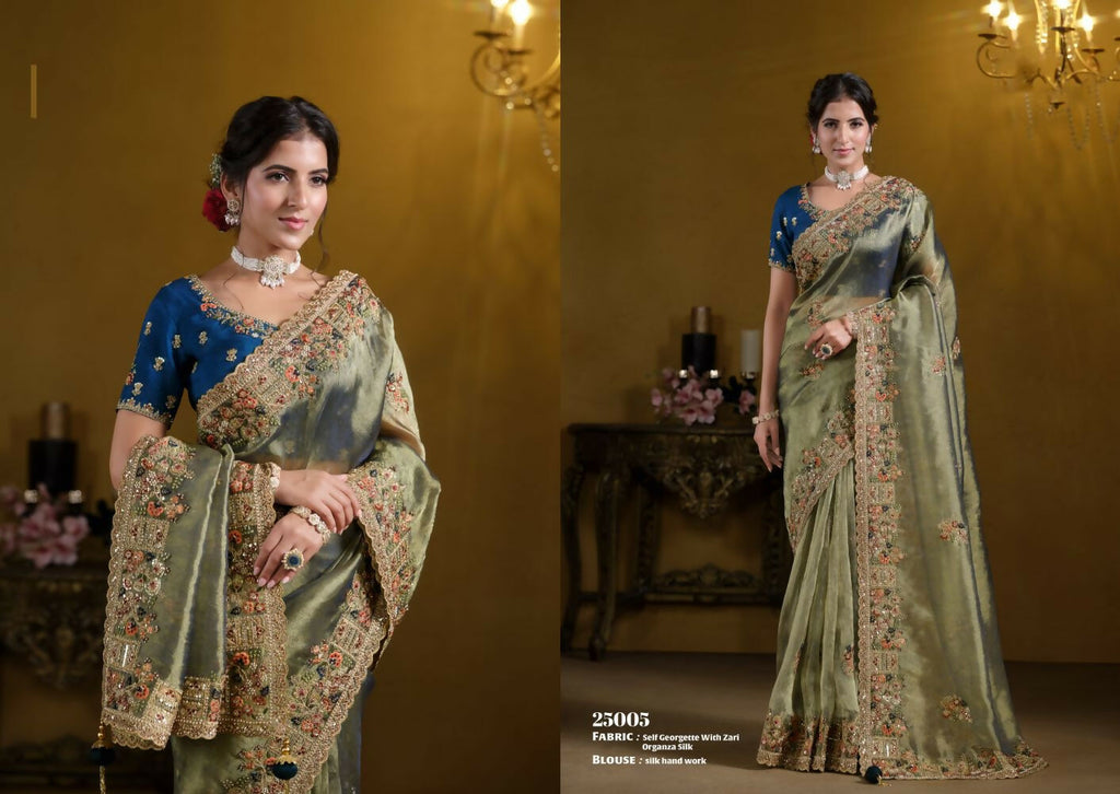 Green Pure Georgette Pure Khatli work Designer Saree With Blouse. - Rajasvi