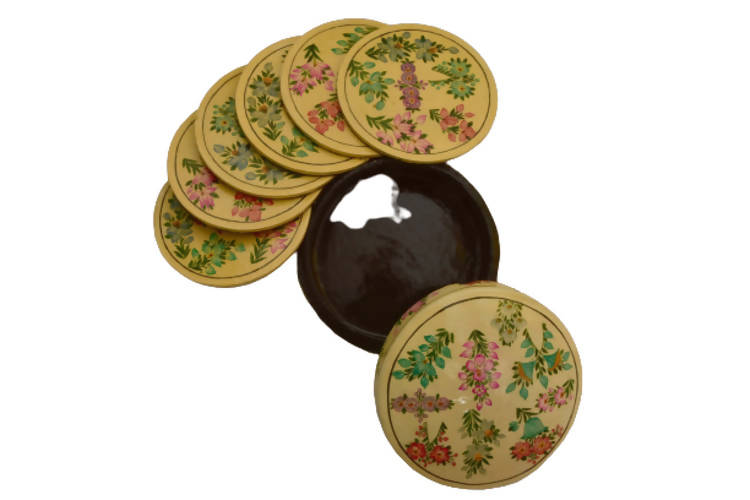 Nizalia Floral Motif Embossed Cream Paper Mache Round Coasters