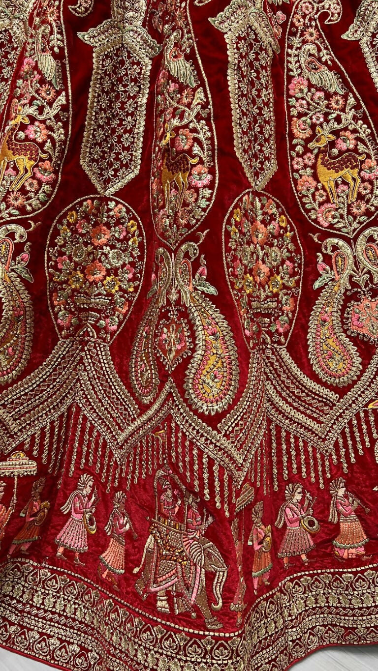 Jyoti Fashion Women's Red Velvet Multi Thread Embroidered with Zircon Diamond Work Wedding Lehenga Choli