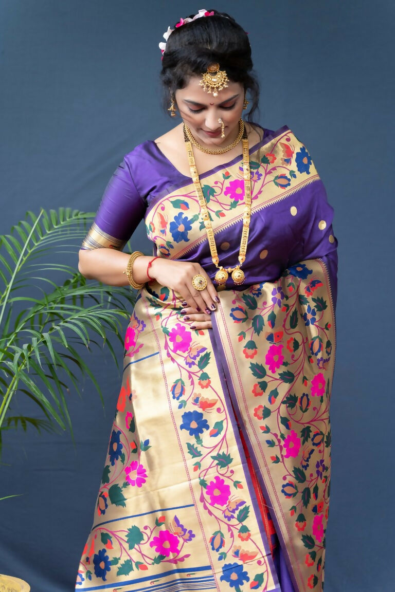 Jyoti Fashion Women's Purple Paithani Silk Zari Woven Saree with Blouse