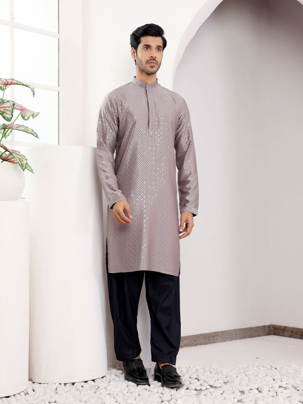 Grey Viscose Designer Chikankari Embroidery Work Men's Kurta - Mahotsav