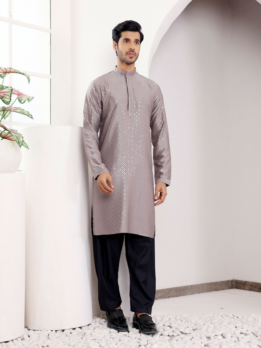 Grey Viscose Designer Chikankari Embroidery Work Men's Kurta - Mahotsav