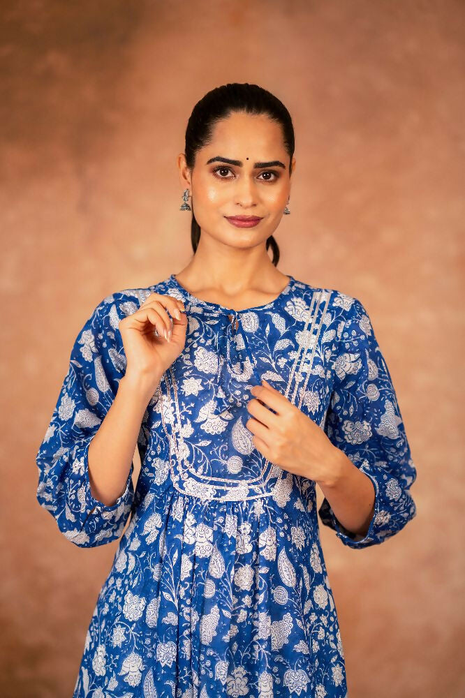 Joban Fashion Blue Floral Hand Block Printed Cotton Kurta Pant Set - Distacart