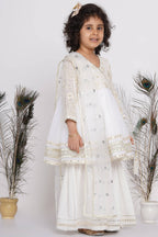 Little Bansi Girls Cotton Floral Embroidery & Lacework Kurta with Sharara & Dupatta - White