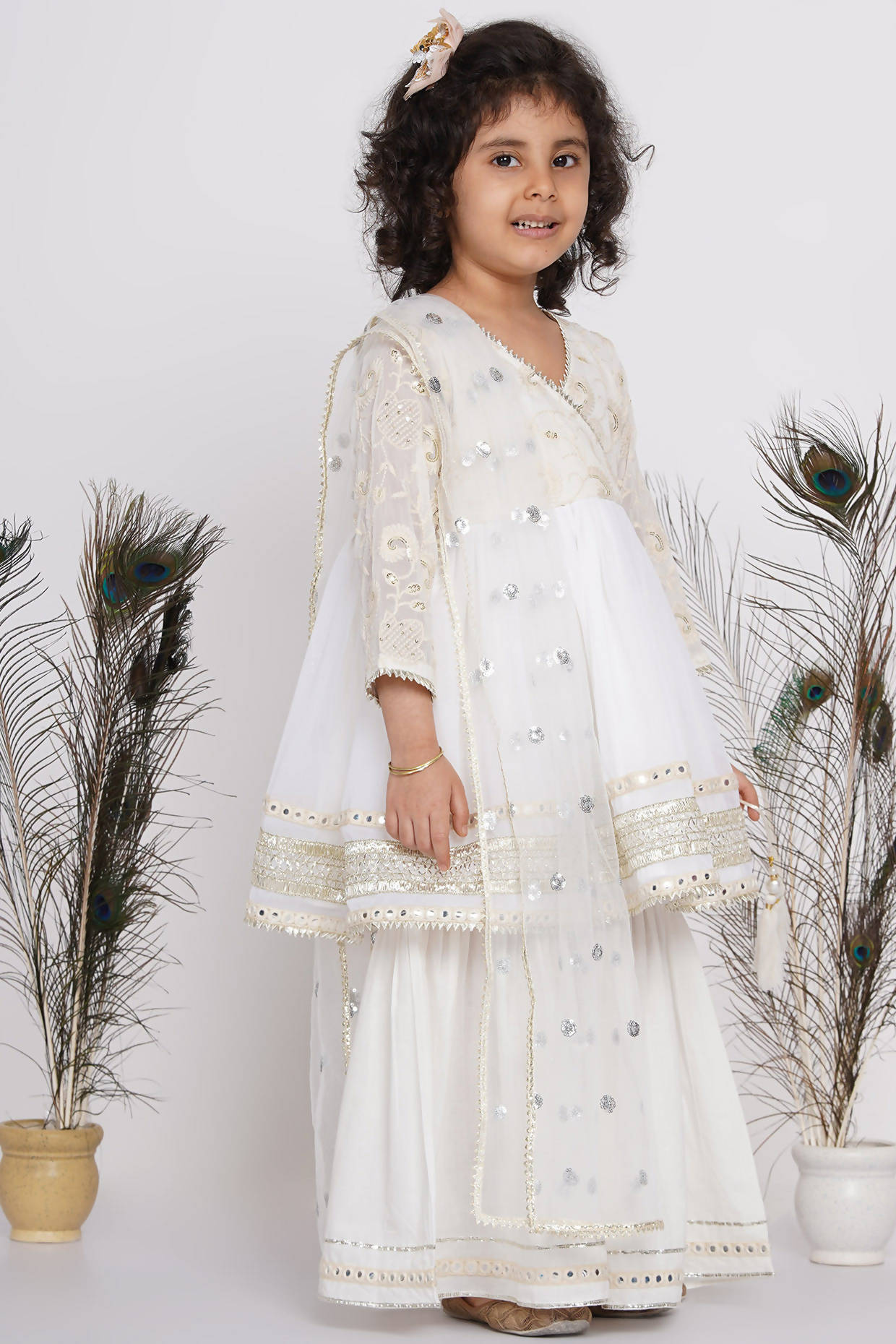 Little Bansi Girls Cotton Floral Embroidery & Lacework Kurta with Sharara & Dupatta - White