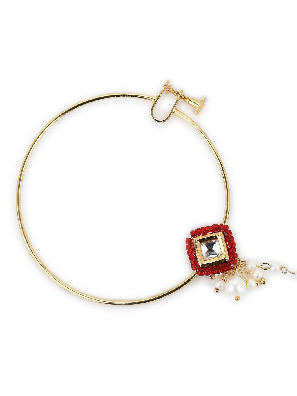 White Red Gold-Plated Kundan-Studded Beaded Nosepin - Ruby Raang - Distacart