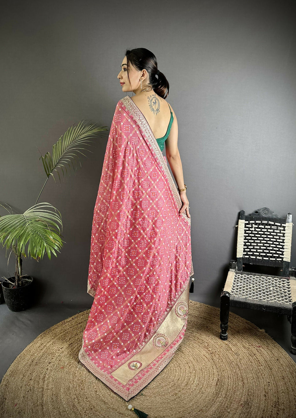 Joban Fashion Dusty Pink Bandhej Bandhani Vichitra Silk Bandhani Prints Saree - Distacart