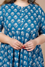 Miravan Women's Plus Size Blue & White Ethnic Motifs Printed Cotton Anarkali Kurta