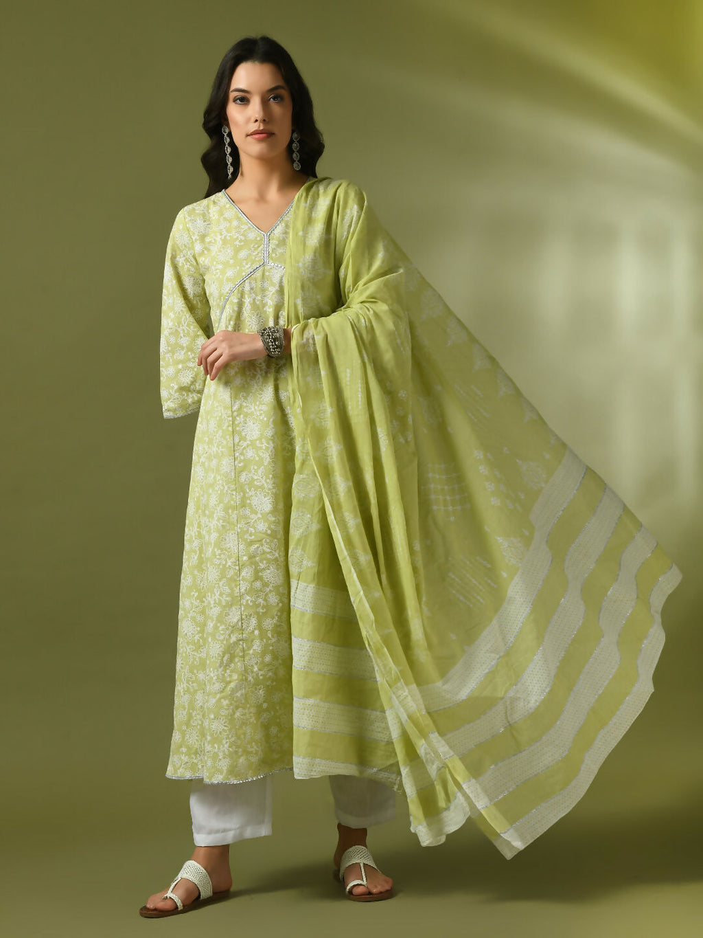 Myshka Women's Lime Green Printed Cotton Anarkali Party Kurta Set With Dupatta
