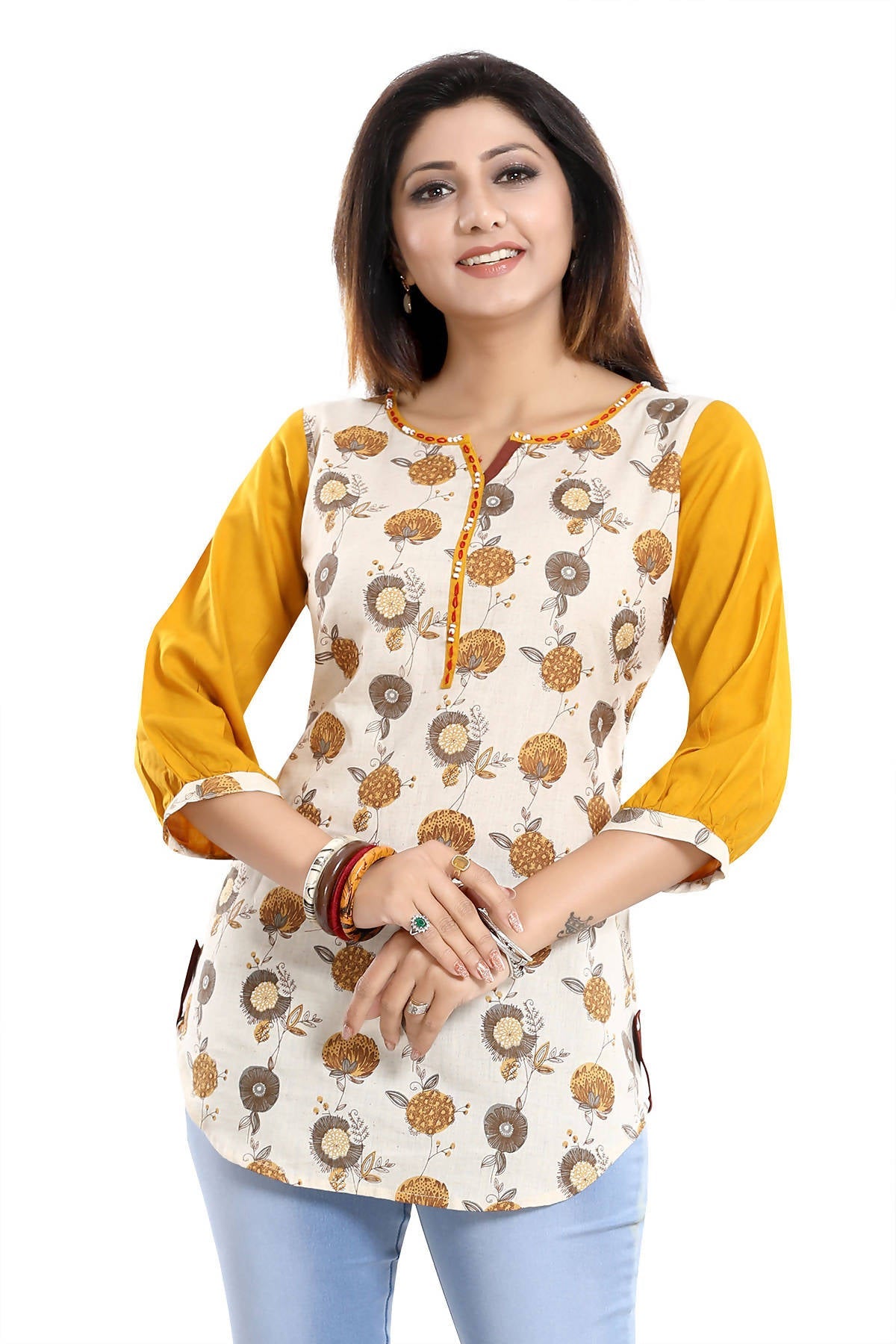 Snehal Creations Cream Cotton Printed Apple-Cut Short Tunic - Distacart