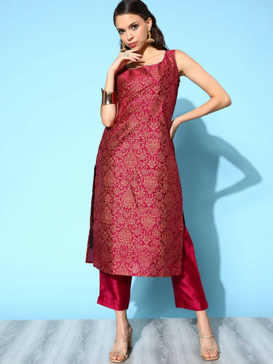 Ahalyaa Women's Wine Poly Silk Gold Paste Printed Kurta Pant Set - Distacart