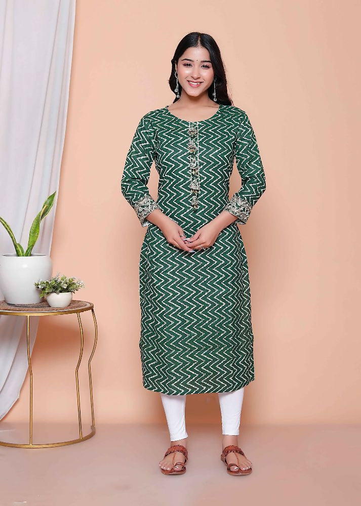 Miravan Womens Green Zigzag Print Embroidery Rayon Straight Kurta - Distacart