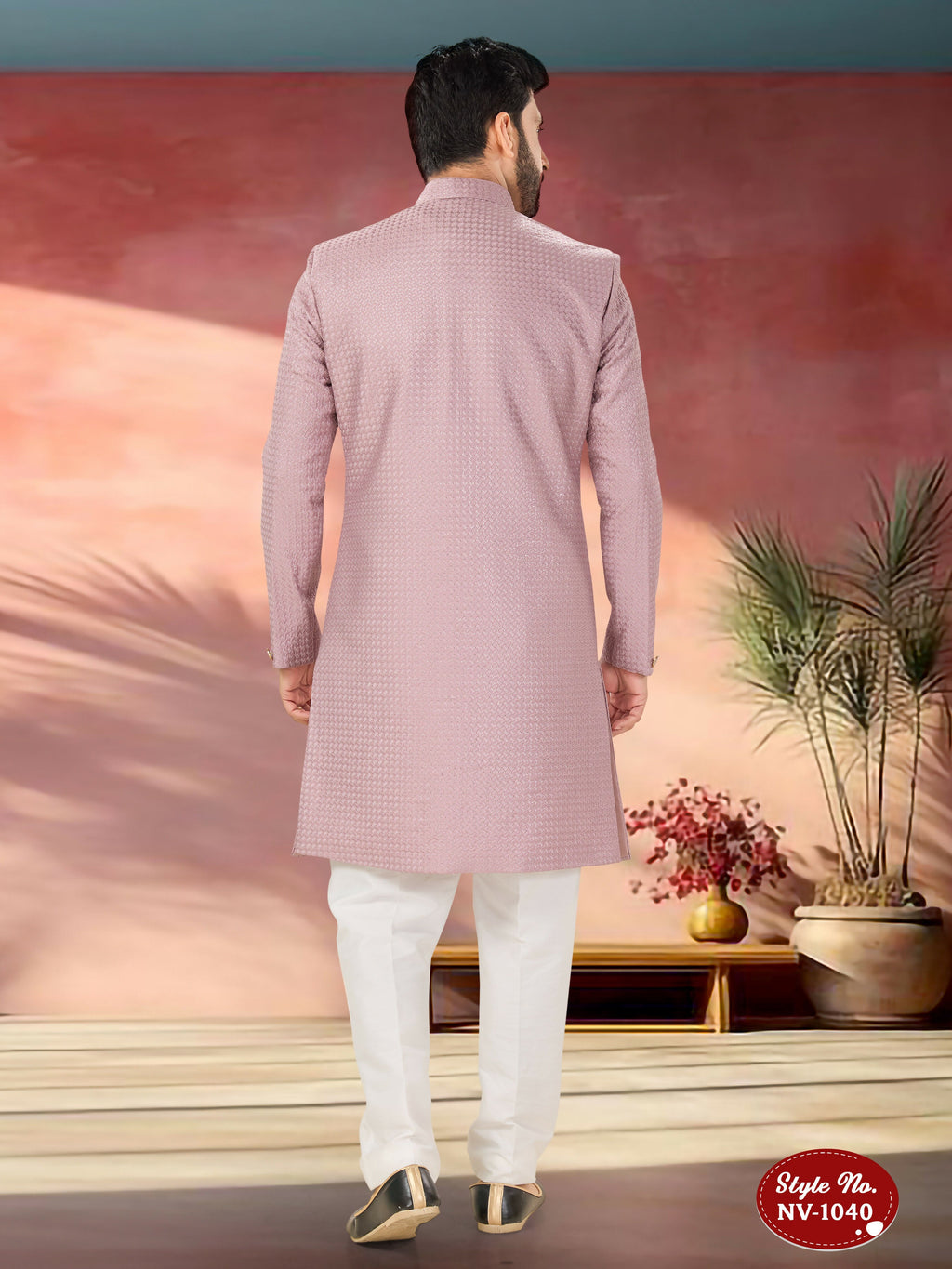 Joban Fashion Men's Pink Straight Silk Thread And Sequence Embroidary All Over Indo-Western Kurta Set