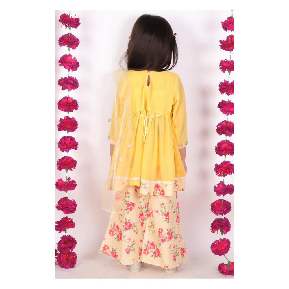 Little Bansi Girls Rose print Kurta Frock with Floral Plazzo and Dupatta - Yellow