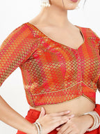 Joban Fashion Red Brocade Padded Blouse With Sweetheart Neck Elbow Sleeves - Distacart