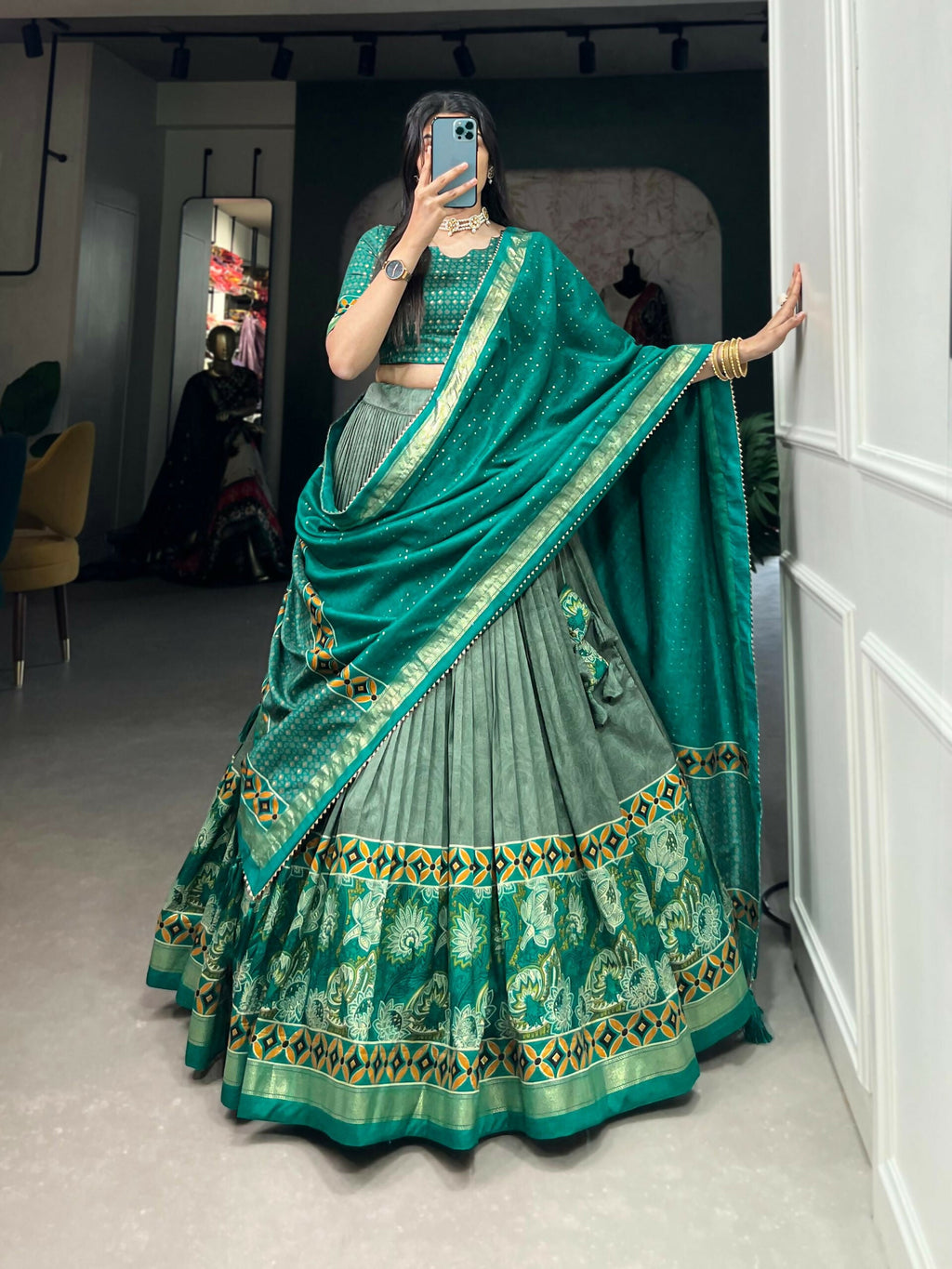 Vastranavya Floral Print With Foil Print Tussar Silk Lehenga with Unstitched Blouse - Sea Green
