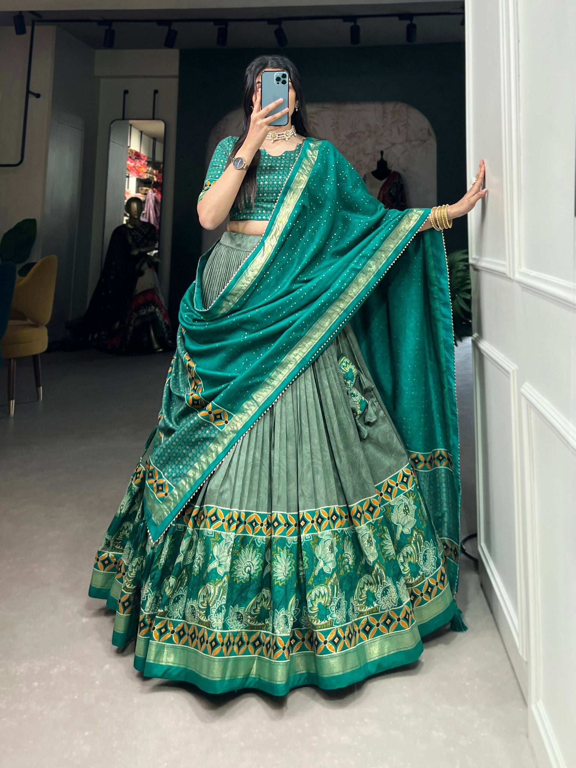 Vastranavya Floral Print With Foil Print Tussar Silk Lehenga with Unstitched Blouse - Sea Green