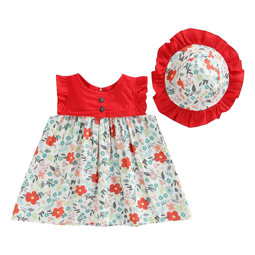 Bold N Elegant Cotton Floral Printed Ruffle Sleeve Princess Dress Frock With Fabric Hat Cap - Red