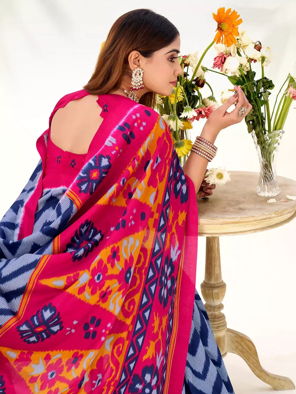 Vastranavya Blue Tussar Silk Zigzag Waves Printed Saree with Unstitched Blouse - Distacart