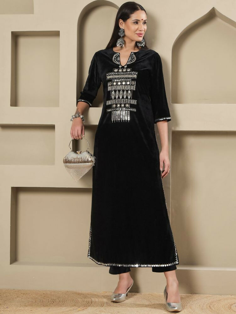 Joban Fashion Women Black Velvet Hand Embellishment Stitched Kurta Set - Distacart
