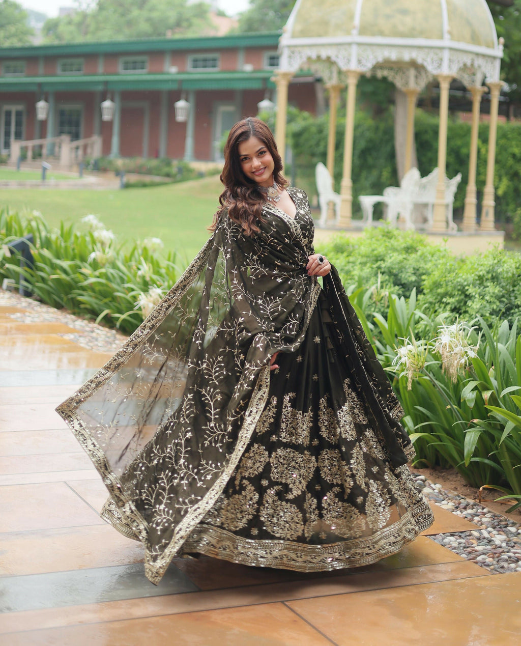 Lorenvalley Mahendi Rangoli Silk Heavy Sequins & Thread Embroidered work Lehenga Choli