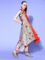 Ahalyaa Women Beige Colour Chanderi Digital Printed Kurta Palazzo Set - Distacart