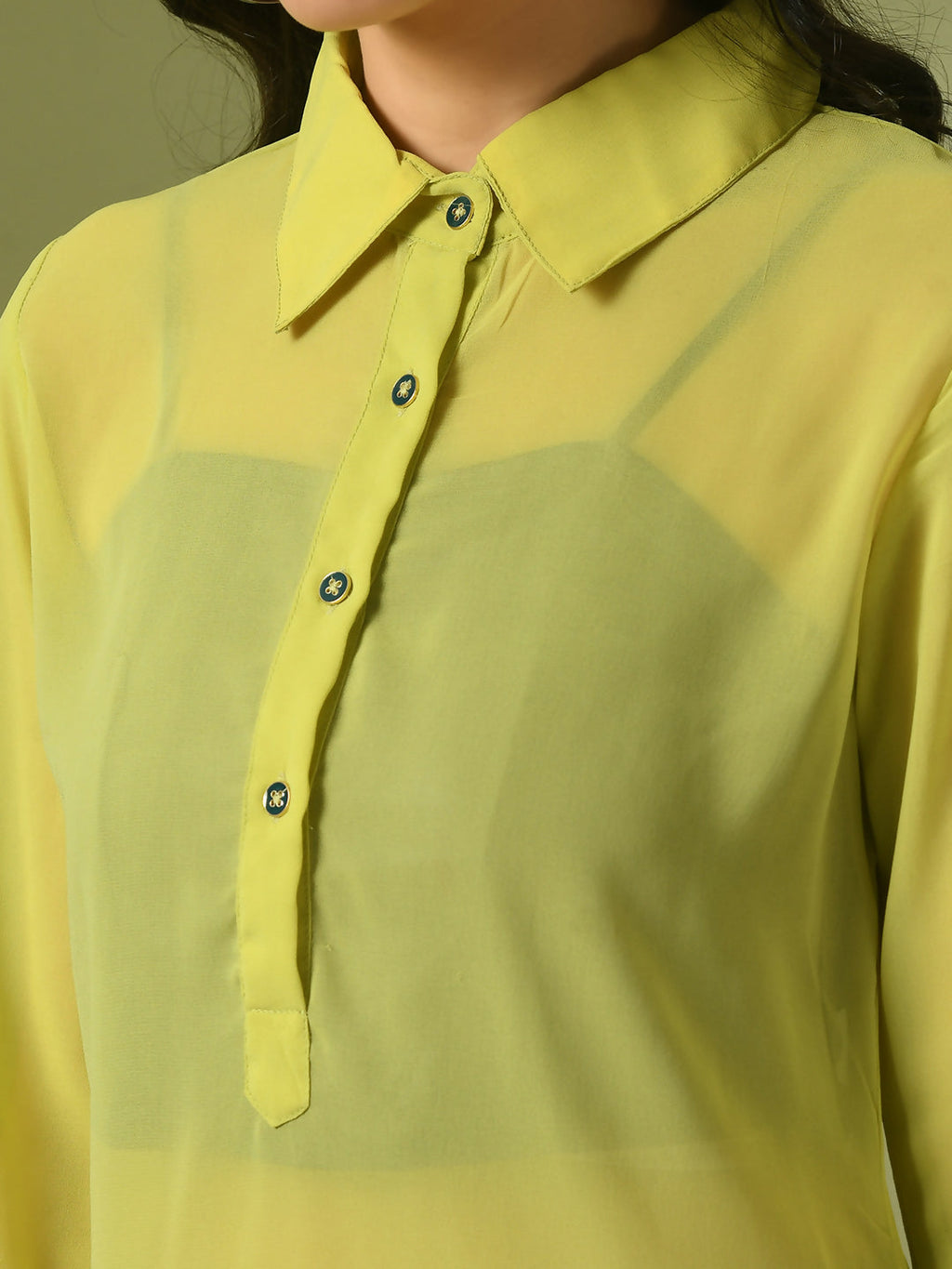 Myshka Women's Yellow Solid Georgette Longline Party Sheer Tunic