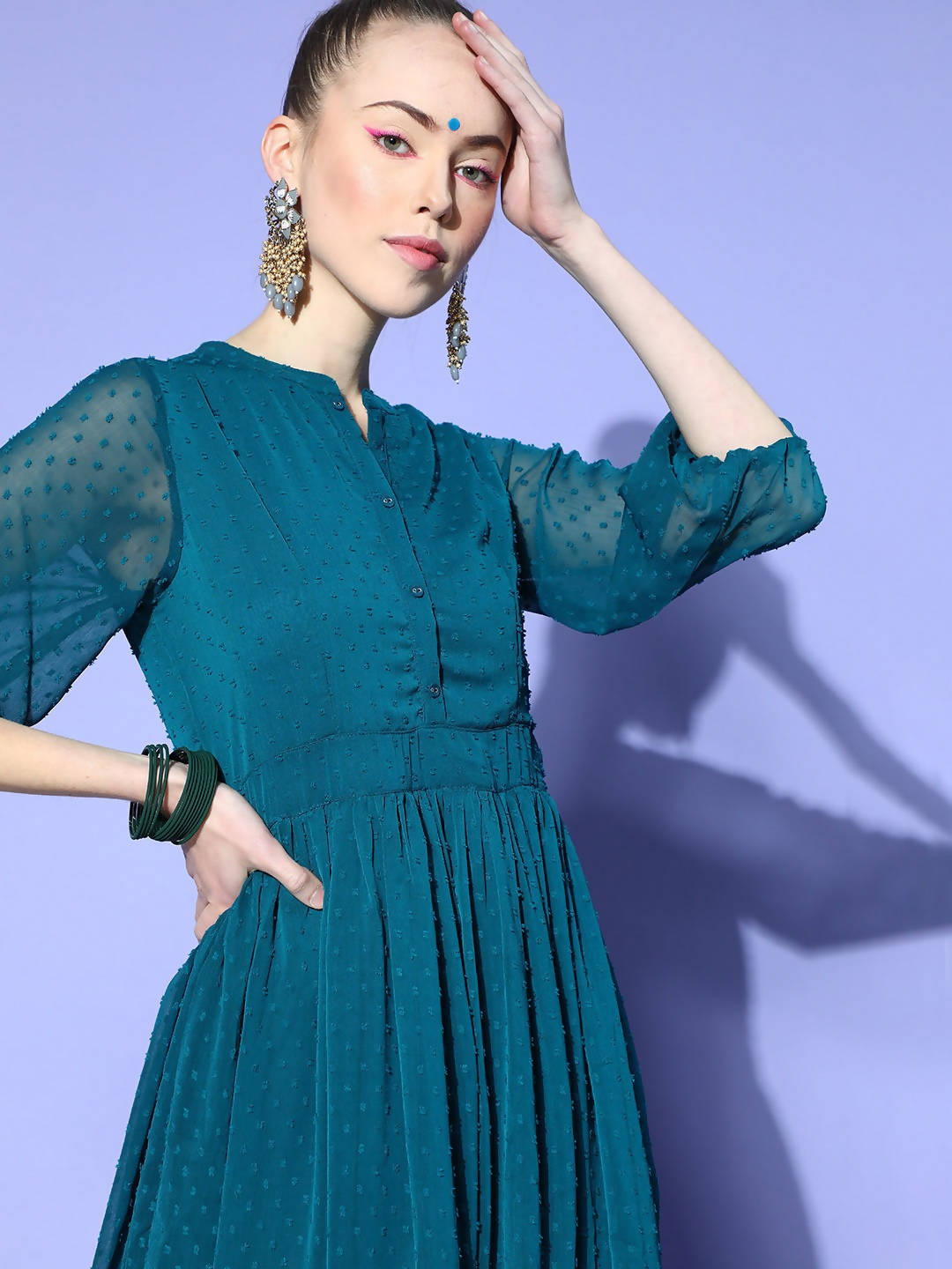 Janasya Teal Woven Design Dobby Weave Kurta - Distacart