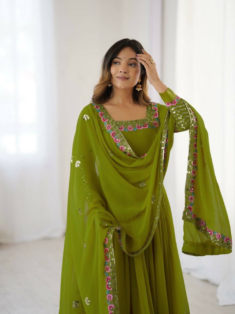 Teeya Creation Green Color Heavy Georgette Wedding Wear Embroidery Work Long Gown - Distacart