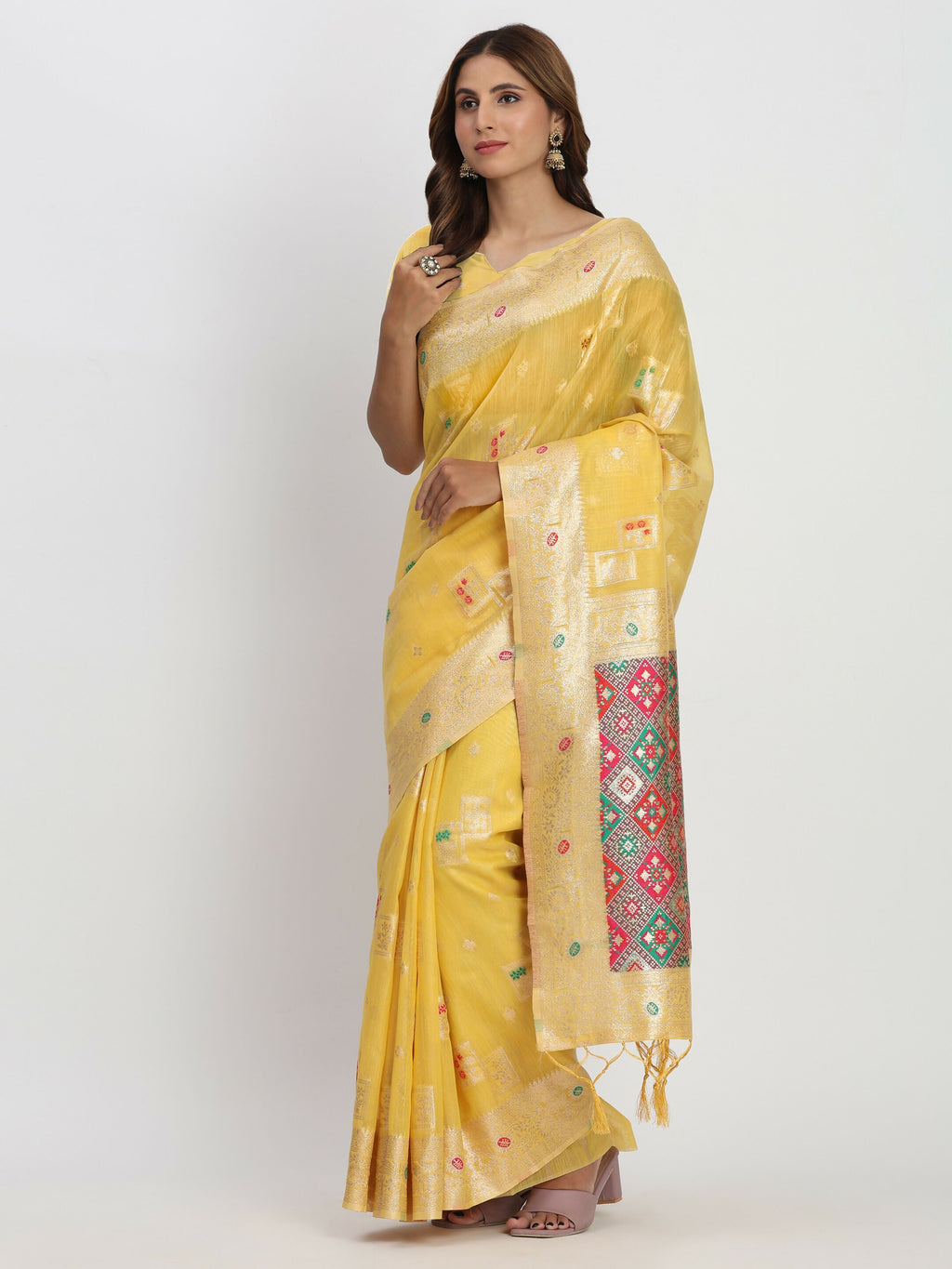 Shree Shyam Fashion Linen Cotton Yellow Saree - Distacart