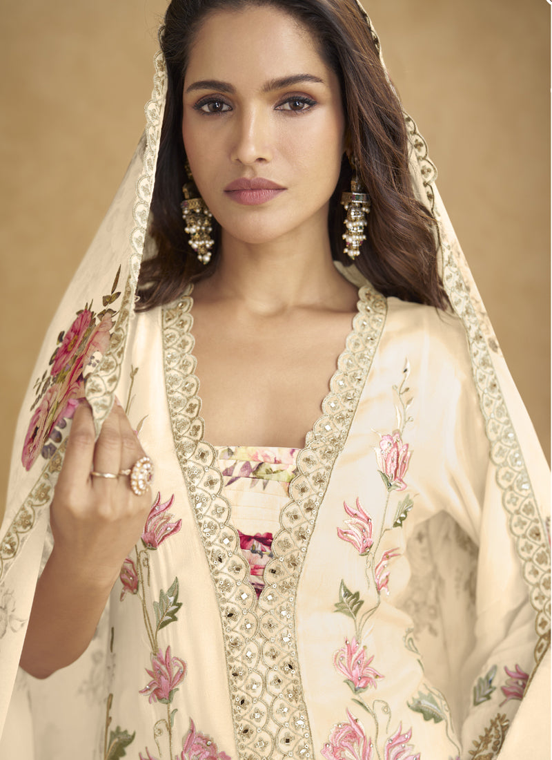 Vegaa Fashion Cream Floral Slit Style Designer Kurta Palazzo Suit - Distacart