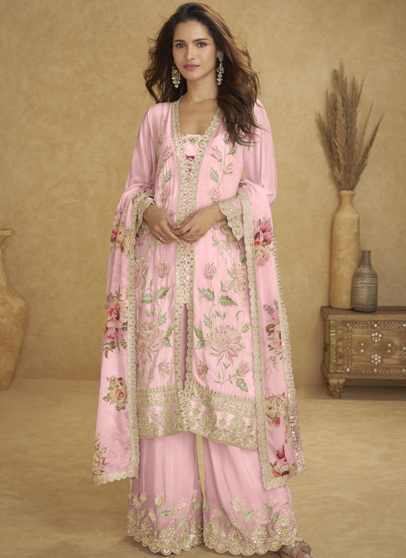 Vegaa Fashion Light Pink Floral Slit Style Designer Kurta Palazzo Suit - Distacart