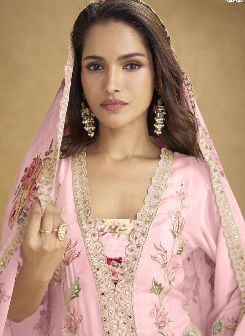 Vegaa Fashion Light Pink Floral Slit Style Designer Kurta Palazzo Suit - Distacart