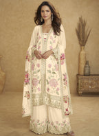 Vegaa Fashion Cream Floral Slit Style Designer Kurta Palazzo Suit - Distacart