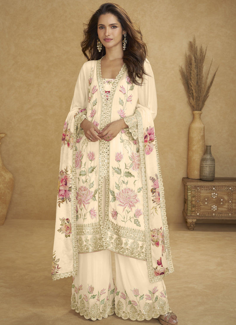 Vegaa Fashion Cream Floral Slit Style Designer Kurta Palazzo Suit - Distacart