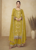 Vegaa Fashion Mustard Embroidered And Hand Work Kurta Palazzo Suit - Distacart